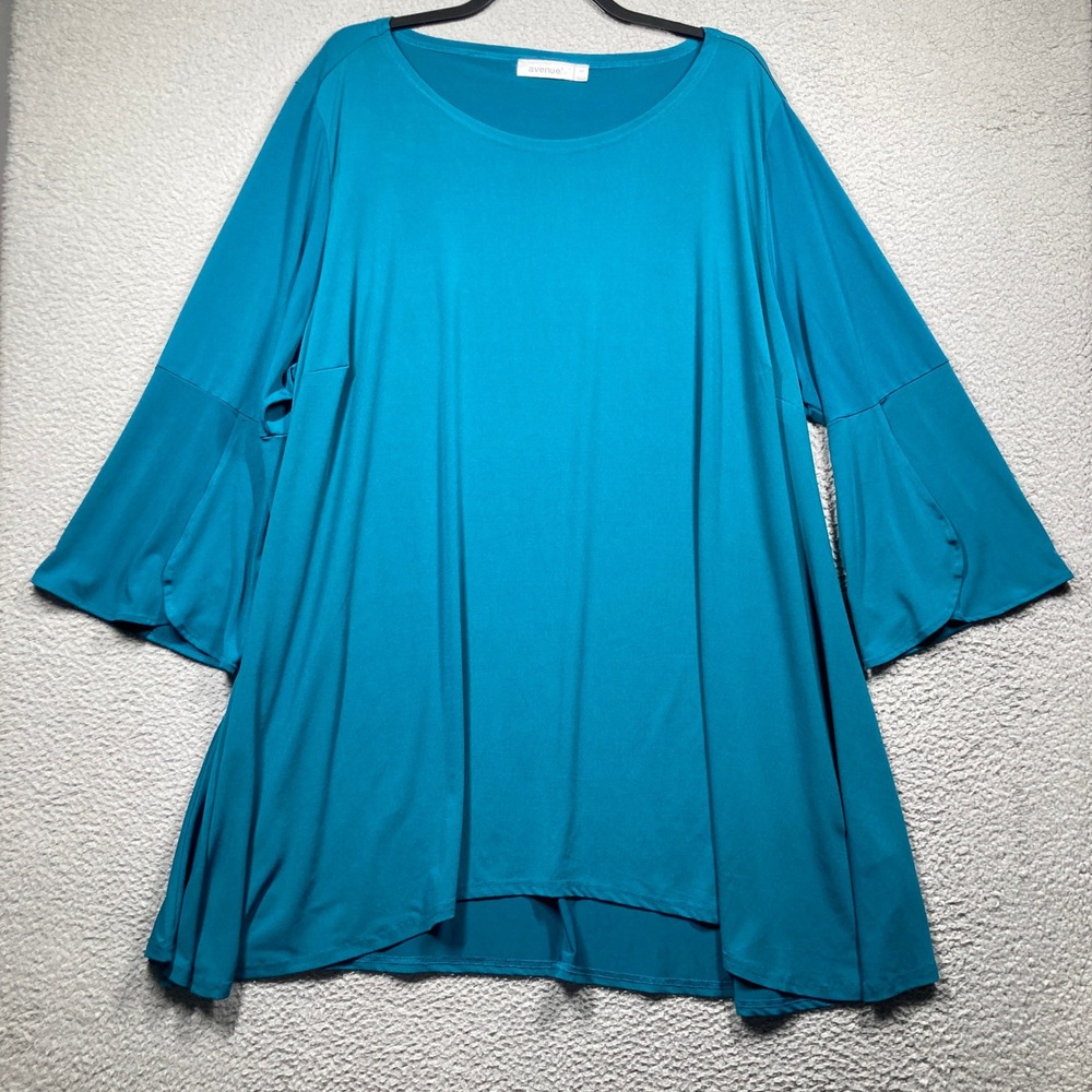 Avenue Tunic Top Women 5X Teal Blue Bell Sleeve Stretch Flowy Comfort Fall